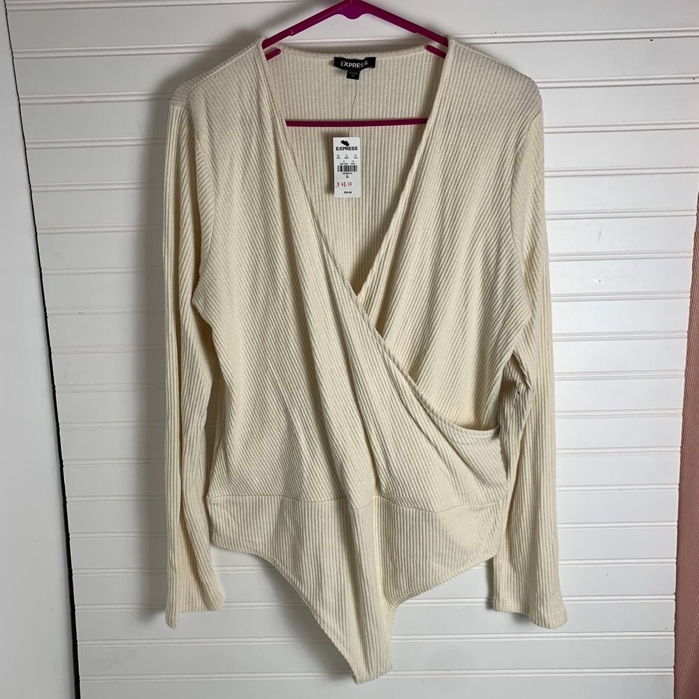 Express Ribbed Knit Surplice Bodysuit Top Long Sleeve Off White XL NWT